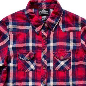 ANGIE Womens Large Juniors Flannel Shirt Red Plaid Long Sleeve Button Up SLIM